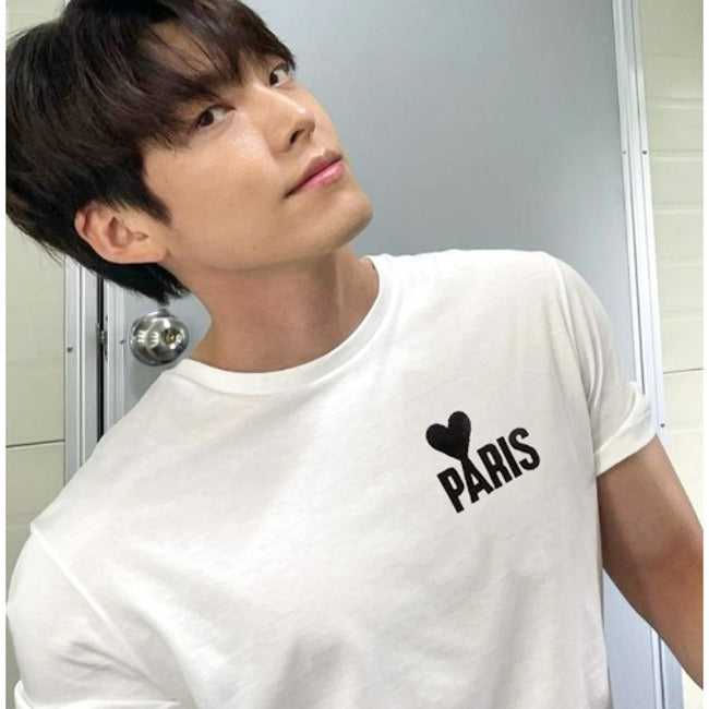 (국내배송, 당일출고) PARIS 하트로고 체인자수 반팔티셔츠 (김우빈 착용)